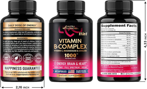 Vitamin B Complex for Men & Women, 60 Vegan Capsules - 11-in-1 B-Complex with Vitamin C, Choline, Inositol for Energy,