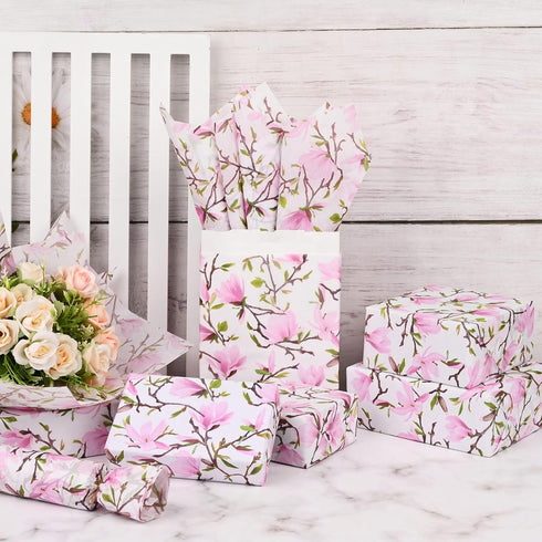 100 Sheets Pink Magnolia Flowers Printed Tissue Paper, Floral Pattern and Leaves Art Decorative Tissue for Gift Wrapping