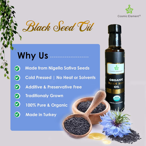 Cosmic Element Cold Pressed Black Seed Oil, Organic Omega 3 6 9, Vegan Nigella Sativa, 8.4 Fl Oz for Immune Support.
