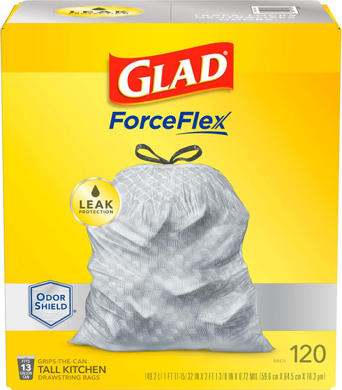 Glad ForceFlex Tall Kitchen Drawstring Garbage Bags, 13 Gallon White Trash Bag, Odor Shield, 120 Count