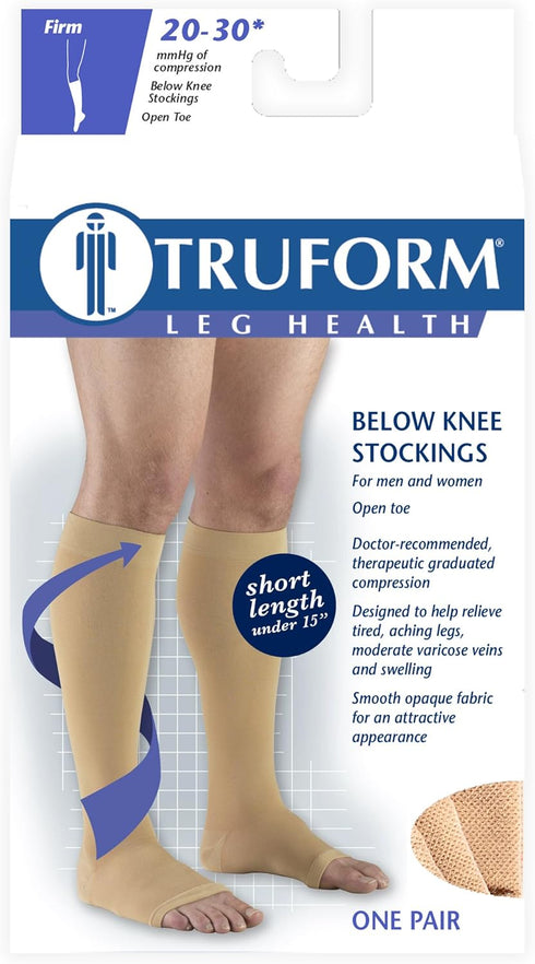 Truform Short Length Compression Stocking, 20-30 mmHg, Open Toe, Beige, Medium, for Men and Women