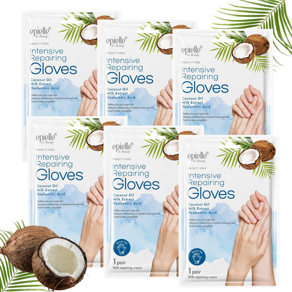 Epielle Intensive Repairing Gloves for Dry and Cracked Hands, 6 Pack | Coconut Oil, Milk Extract, Hyaluronic Acid