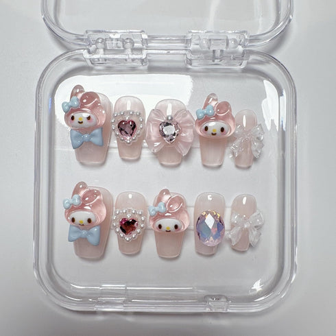 Thick Handmade Gel Press on Nails, Long Square Bling Pearl Cute Bow Rhinestone Kawaii Fake Nails Kit, Size M, 10 Nails