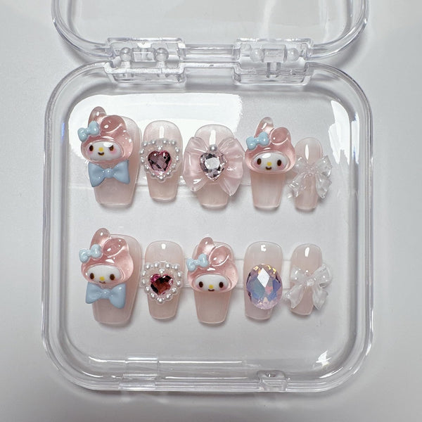 Thick Handmade Gel Press on Nails, Long Square Bling Pearl Cute Bow Rhinestone Kawaii Fake Nails Kit, Size M, 10 Nails
