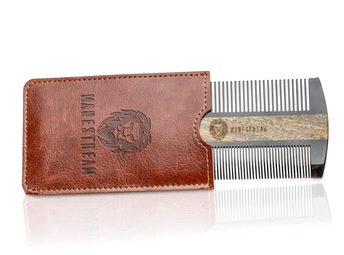 Premium Natural Ox Horn and Sandalwood Beard Comb, Dual-Action, Double Sided with Brown Protective Case