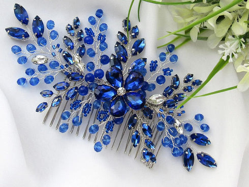 Women Royal Sapphire Opal Hair Comb, Bridal Blue Crystal Flower Wedding Accessory, Gift for Her, Party Headpiece