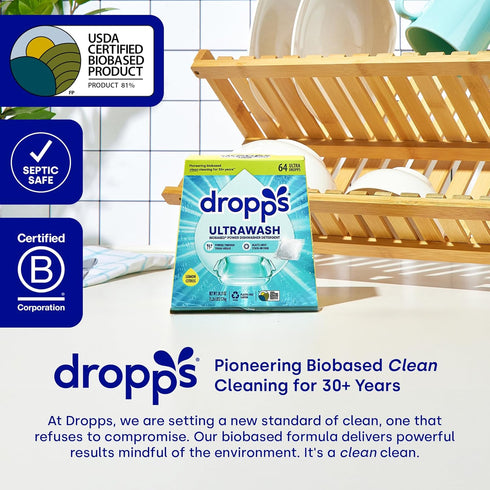 Dropps UltraWash Dishwasher Pods, Lemon Citrus (32 Count) - Biobased Power Deep Clean Detergent Tablets