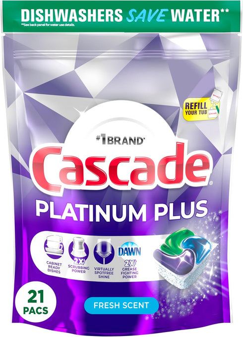 Cascade Platinum Plus Dishwasher Pods, Dish Detergent ActionPacs, Fresh, 21 Count.