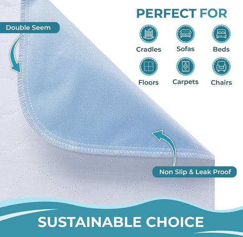 Washable Underpads 34”x36” (2 Pack), 4-Layers Waterproof Bed Pads for Incontinence, Bedwetting, and Pet Accidents
