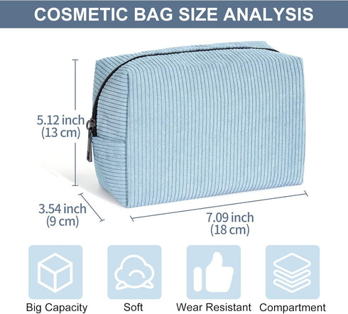 MAANGE Cosmetic Bags for Women Small Makeup Bag for Purse Corduroy Makeup Pouch Travel Makeup Bag with Metal Zipper Make Up Bag for Travelling(BLUE)