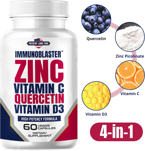 ImmunoBlaster Zinc Quercetin 500mg with Vitamin D and C, Antioxidant Immune Support Supplement for Men and Women - 60
