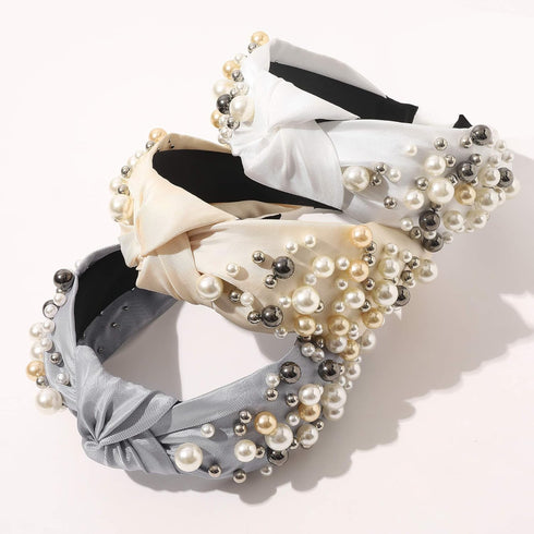 Ivyu Knotted Pearl Headbands for Women - Fashion Hair Accessories, No Slip Top Knot Headband Gift (White Gray Beige)