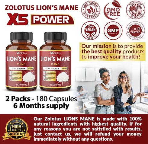 5X Potency 2 Packs 90 Capsules Lions Mane Mushroom Supplement, 5050mg, 6 Month Supply with Cordyceps, Reishi,