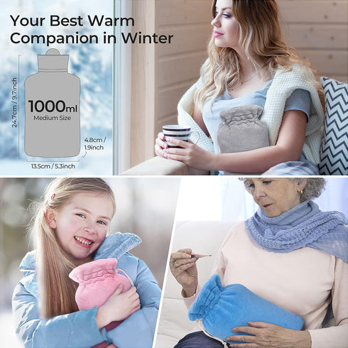 MEETRUE Microwaveable Hot Water Bottle with Cover (1 Liter), BPA-Free Silicone Hot Water Bag for Pain Relief