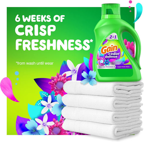Gain + Odor Defense Liquid Laundry Detergent, Super Fresh Blast Scent, 88 Oz, 61 Loads, HE Compatible
