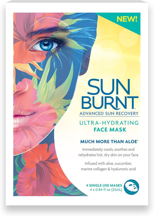 Sunburnt Ultra-Hydrating Face Sheet Mask, 4 Single Use Masks for After Sun Exposure