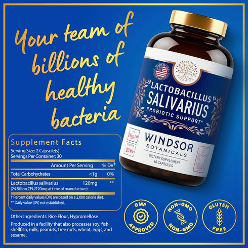 Lactobacillus Salivarius Probiotic Capsules, 60 Caps for Oral Health, Bad Breath, and Digestive Support