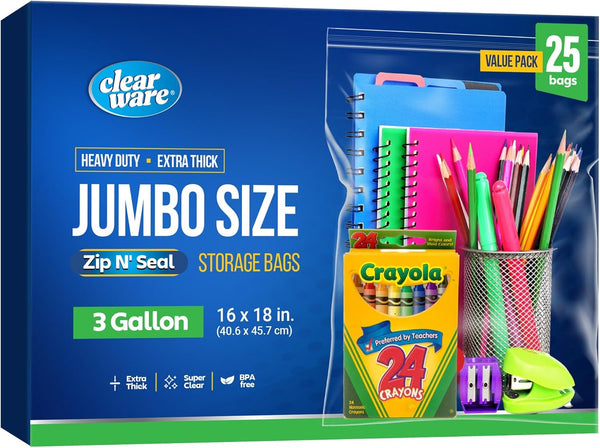 25 Large Plastic Bags with Zipper Top, 3 Gallon 16" x 18" Extra Large Storage Bags for Clothes and Travel