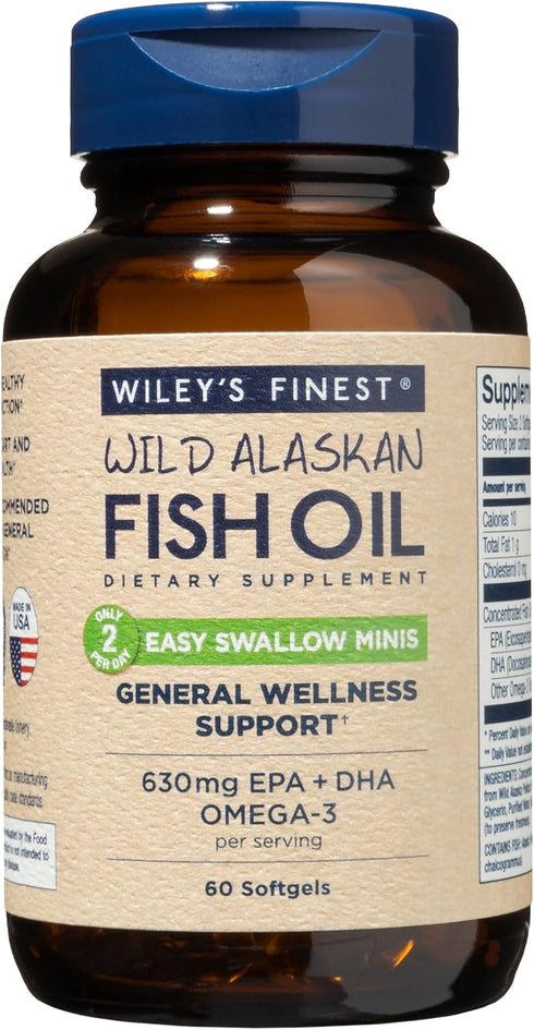 Wiley's Finest Wild Alaskan Fish Oil Easy Swallow Minis - Omega-3 Supplement for Adults and Kids, 60 Mini Softgels