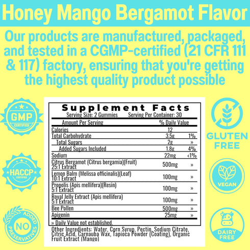 Gummies Bee Pollen Apigenin Citrus Bergamot w Organic Propolis Royal Jelly Honey Lemon Balm Extract, Supplement for Men