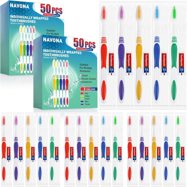 100 PCS Individually Wrapped Bulk Toothbrushes with Toothpastes, Colorful Manual Disposable Toothbrushes for Adults or