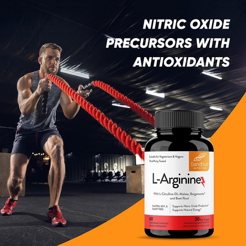 Sandhu's L-Arginine with Nitric Oxide Precursor | 30 Days Supply | Workout Supplement | Supports Blood Flow & Vascular