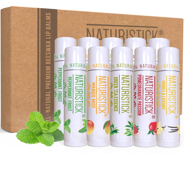 Naturistick Premium Beeswax Lip Balm - 100% Natural Lip Care for Dry, Chapped Lips, 10 Pack Assorted Scents, Made in USA