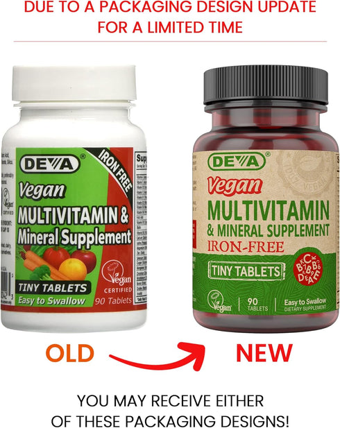 DEVA Vegan Iron-Free Multivitamin & Mineral Supplement, 90 Tiny Tablets with Vitamin C, D2, E & B-Complex