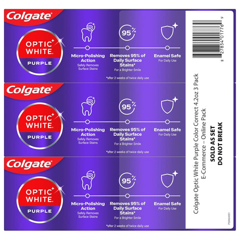 Colgate Optic White Purple Toothpaste for Whitening, Fluoride, Removes Surface Stains, Mint, 3 Pack, 4.2 oz