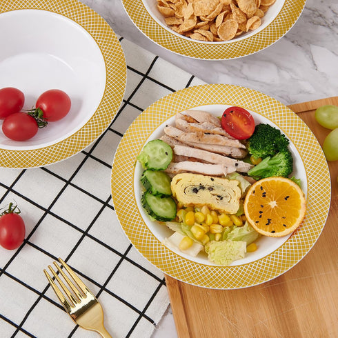 JOLLY CHEF 50 Plastic Bowls with Gold Rim, 12oz Disposable Soup Bowls, Heavy Duty for Parties and Catering