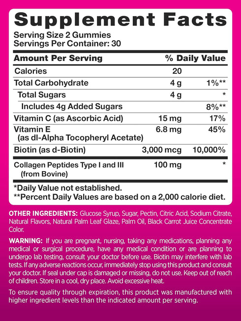 PINK Hair Skin Nails Gummies - 60 Count, Plus Collagen & Biotin, Strawberry Flavor
