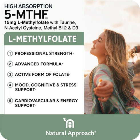 L-Methylfolate 15mg (Bioactive B9 Folate) plus Methyl B12, D3, Taurine & NAC | Professional Strength Active 5-MTHF Supplement | Supports Mood, Nerve Health, Cognition & Methylation* | 60 Capsules