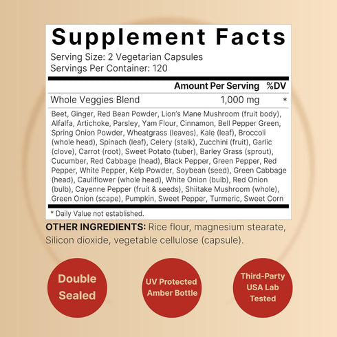 Fruit and Veggies Supplement - 120 Day Supply, 480 Vegetarian Capsules with 40 Whole Fruits & Veggies Blend