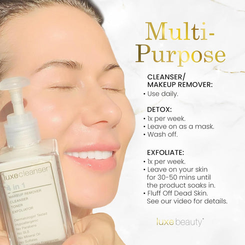 Luxe Cleanser All-in-One Hypoallergenic Face Cleanser + Natural Makeup Remover Face Wash + Exfoliator for All Skin Types