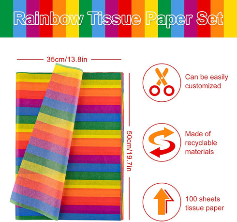 Whaline 100 Sheet Rainbow Tissue Paper Crepe Paper Colorful Stripes Art Tissue Bulk Colored Gift Wrapping Paper for DIY Art Craft Gay Pride Party Gift Bags Birthday Wedding Favors