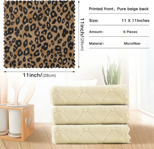 Pack of 6 Vintage Leopard Microfiber Kitchen Dish Cloths, Absorbent Fast Drying Washcloths 11x11 inch for Bathroom, Car