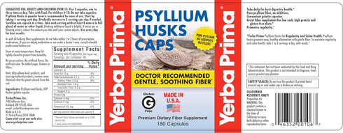 Yerba Prima Psyllium Husk Caps - 180 Capsules (Pack of 2) - Easy to Swallow Fiber Supplement - Colon Cleanse - Gut Health - Non-GMO Gluten Free