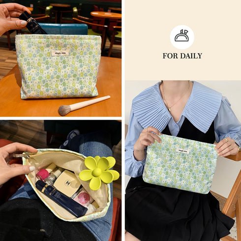 STARDW Aesthetic Floral Makeup Bag, Large Cute Cosmetic Bag Organizer for Women Girls, Travel Toiletry Pouch (Fresh
