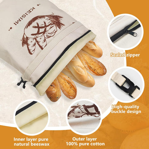 KEISIMI 2 Pack -17 13inch Reusable Bread Bags for Homemade Bread, Beeswax Bread Bags for Sourdough, Cotton Linen Food