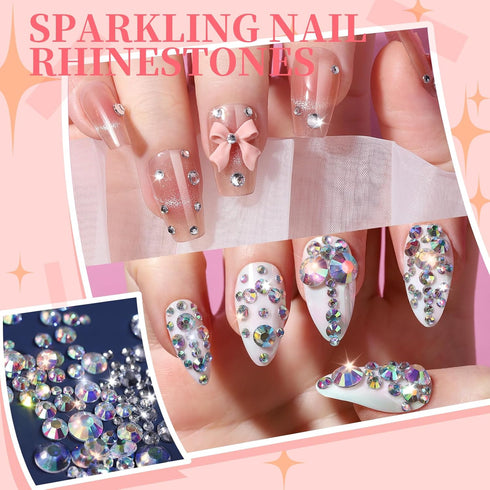 FANDAMEI Nail Art Kit, Nail Charms and Gems, Rhinestones for Nails, Bow and Flower Charms for Nail Design