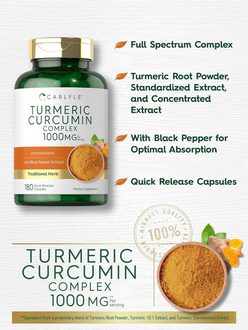 Carlyle Turmeric Curcumin with Black Pepper 1000mg | 180 Capsules | Non-GMO, Gluten Free Complex Supplement