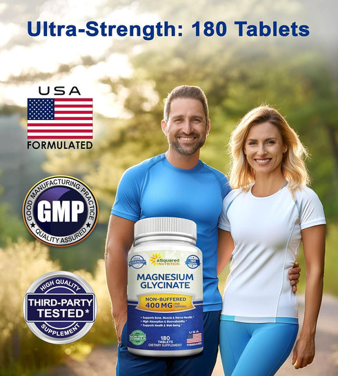 aSquared Nutrition Magnesium Glycinate 400mg - 180 Tablets, Max Strength Bisglycinate Supplement for Muscles & Heart