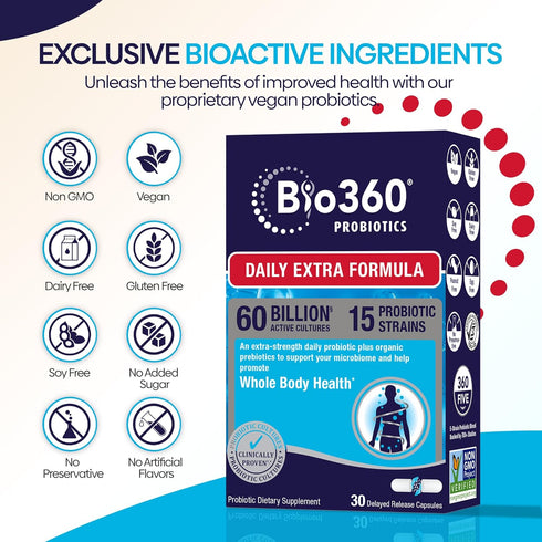 Adult Daily Extra Strength Probiotic Supplement - 60 Billion CFU, 15 Diverse Strains, Organic Prebiotic Fibers, 30CT