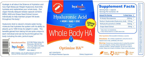 Hyalogic Hyaluronic Acid 120 mg Capsules | Combo Formula w/Glucosamine MSM | 30 Count