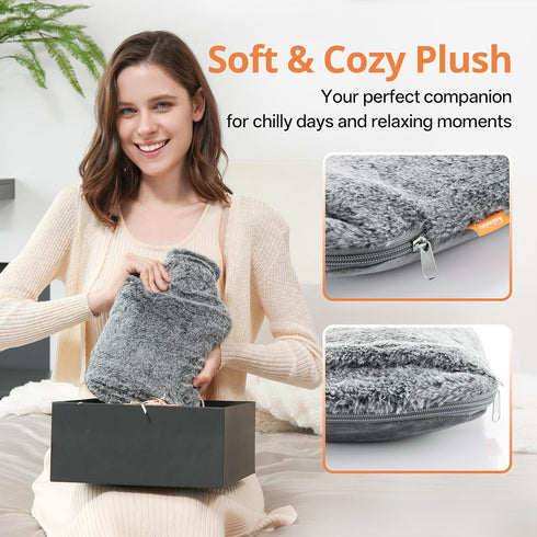 Pocket2L samply Hot Water Bottle with Soft Thick Faux Fur Cover and Hand Hot Water Bag for Hot Compress, Pain Relief