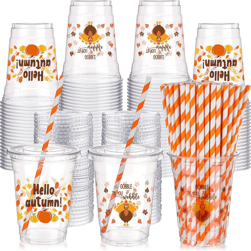 Yaomiao 300 Pcs 12 oz Thanksgiving Day Plastic Cups with Lids and Straw