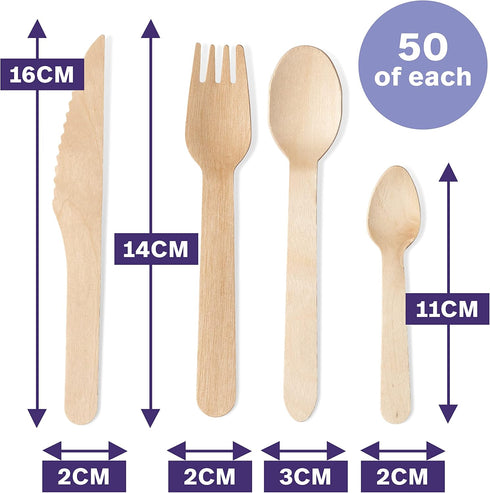 MATANA 200 Pack Natural Disposable Wooden Cutlery Set, 50 Forks, 50 Knives, 50 Spoons, Biodegradable Bamboo