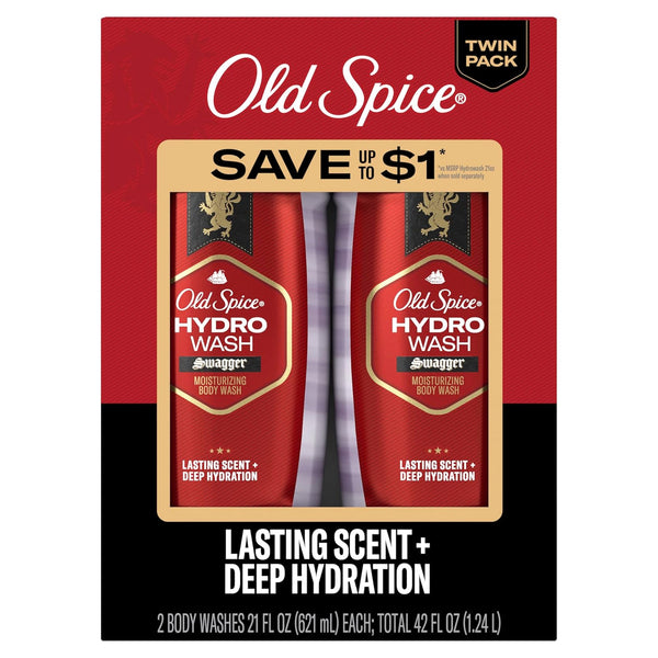 Old Spice Body Wash for Men Moisturizing Hydro Wash, Swagger Scent, 21 oz, Two Pack