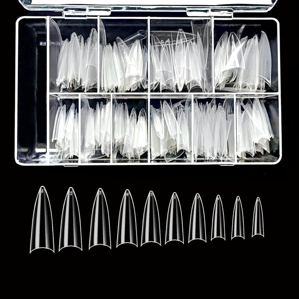 VIVACE Clear Long Stiletto Gel Nail Tips, 500pcs, 10 Sizes with Clear Plastic Case for Nail Salon