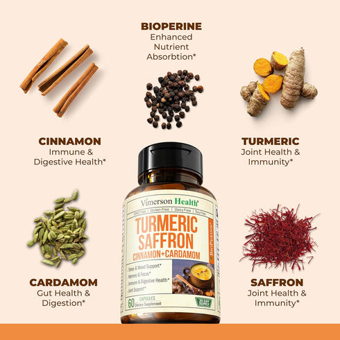 Turmeric Saffron Supplements with Cinnamon & Cardamom | Antioxidant Joint Support | Pack of 2